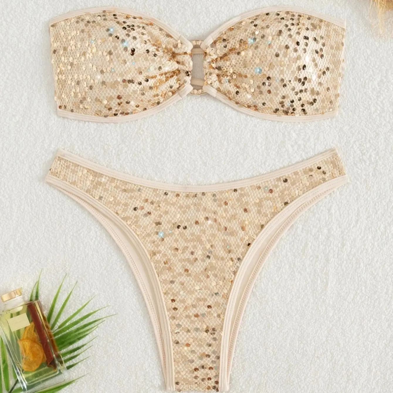 DEKA Oro Lucido Bikini A Fascia Set 2025 Donne Paillettes Anello Frontale Push Up Micro Costume Da Bagno Estate Costume Da Bagno Perizoma Costumi Da Bagno Biquin