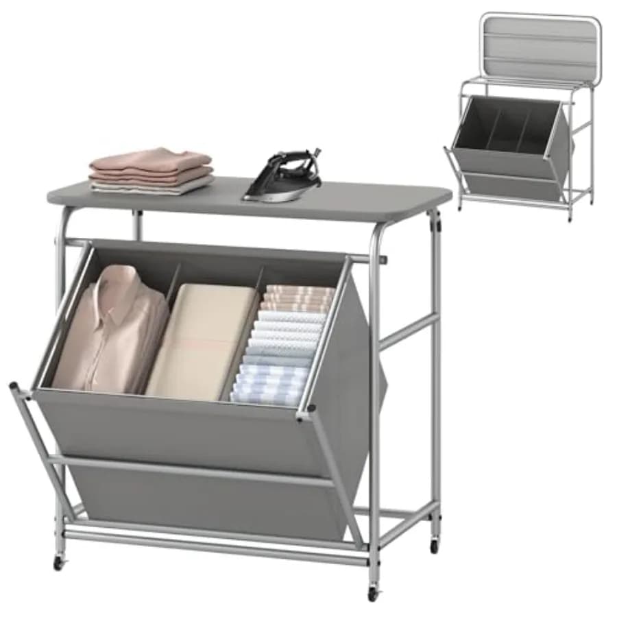 3-section tiltable whiteboard with foldable ironing board and removable bags Trolley with lockable wheels for heavy loads