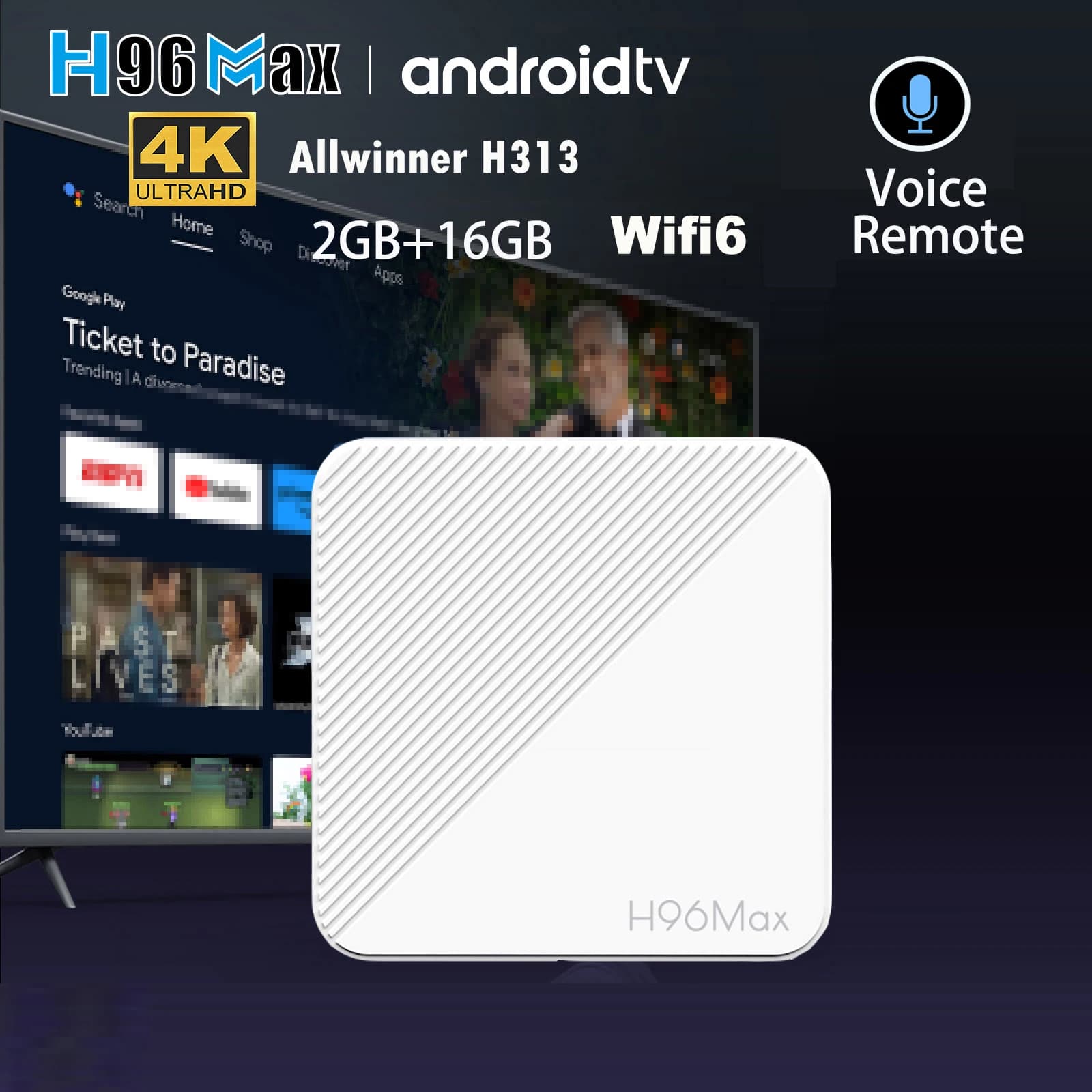 H96 Max Android TV Box Quad Core Allwinner H313 4K HDR Wifi6 BT con Telecomando con Assistente Vocale e LAN 100m