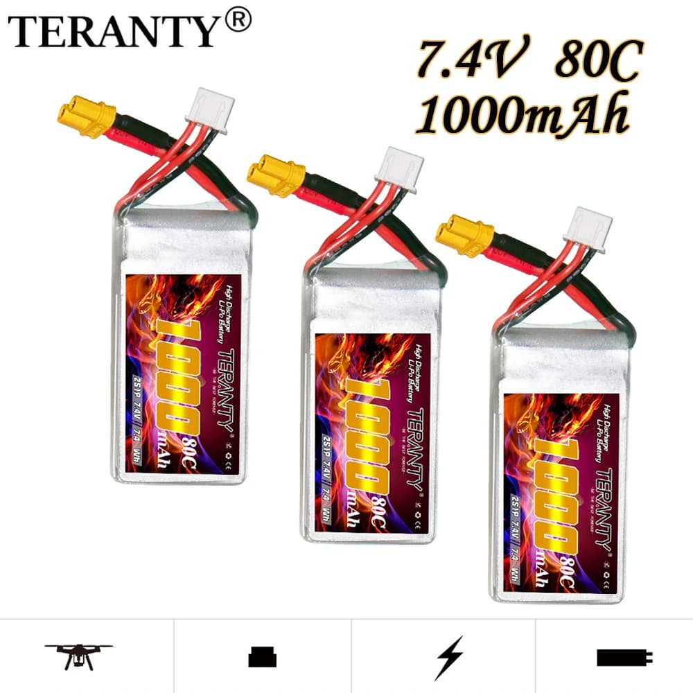 TERANTY 7.4V 2S 1000mAh 80C/160C Lipo Batteria Per RC Elicottero Quadcopter FPV Racing Drone Parti Con XT30 7.4V Batteria