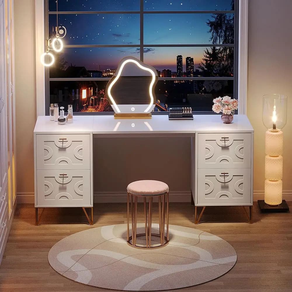 Tavolo da Trucco con 4 Cassetti, Bianco, Elegante Scrivania per Casa e Ufficio con Gambe Dorate per Camera da Letto (con Specchio)