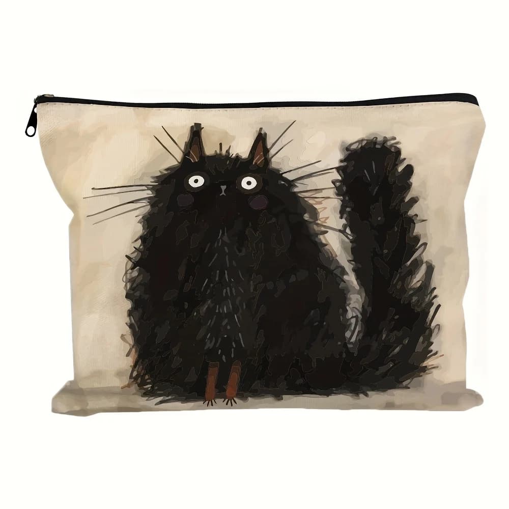 Una simpatica borsa per il trucco con gatto nero: carina custodia multifunzionale con cerniera da donna, borsa per riporre gioielli,