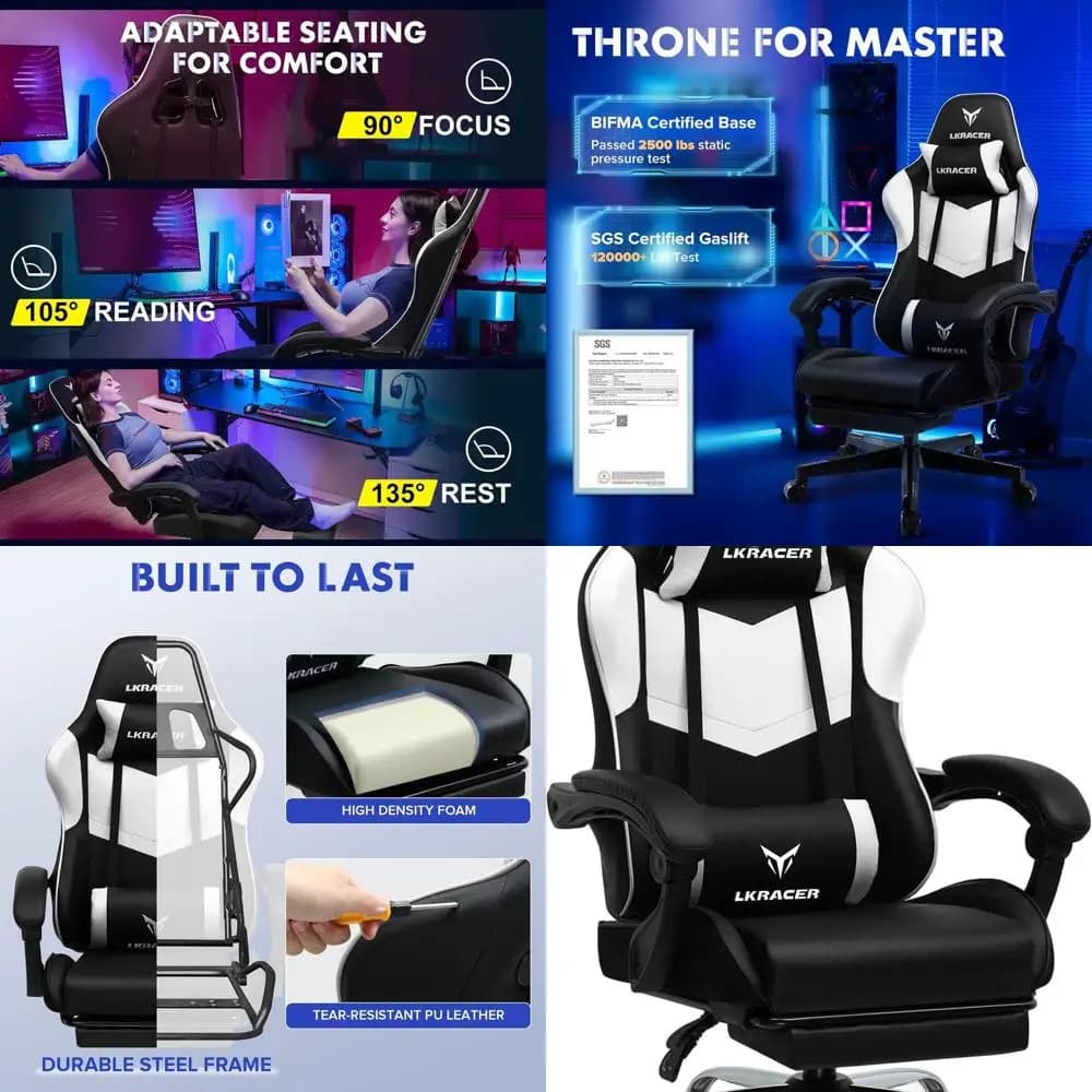 Sedia da gioco, sedia per videogiochi con poggiapiedi, 135 ° Sedia da computer ergonomica reclinabile con schienale alto, bracciolo di collegamento, regolazione girevole