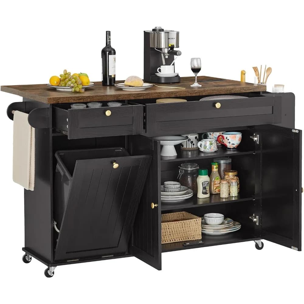 60" Kitchen Island with Trash Can Storage, Rolling Island Table
