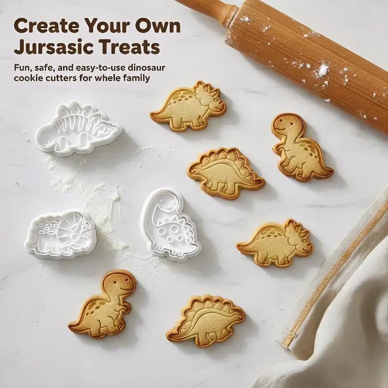 Dinosaur Cookie Stamp Tool Set 4Pcs Cartoon Plunger Cutter Mould for Baking Party Favours and Kid Friendly Desserts