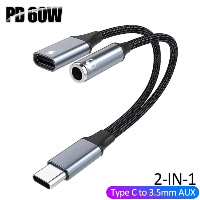 2 In 1 USB C to 3.5mm Headphones Charger Adapter USB C PD 3.0 Port to Aux Audio Jack Fast Charging Dongle Cable Cord For Samsung