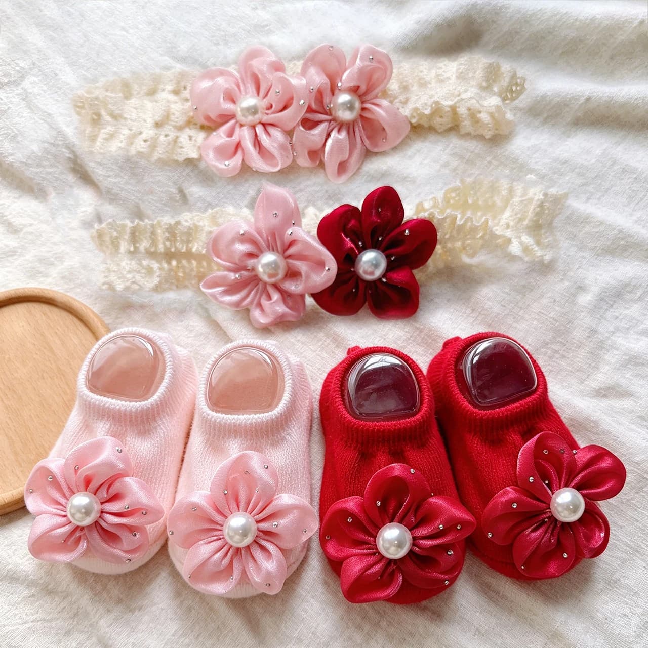 Pearl Flower Headband Boat Socks Baby Hairband Set Lace Headwear Non-slip Infant Ankle Sock Newborn Photo Props Birthday Gifts
