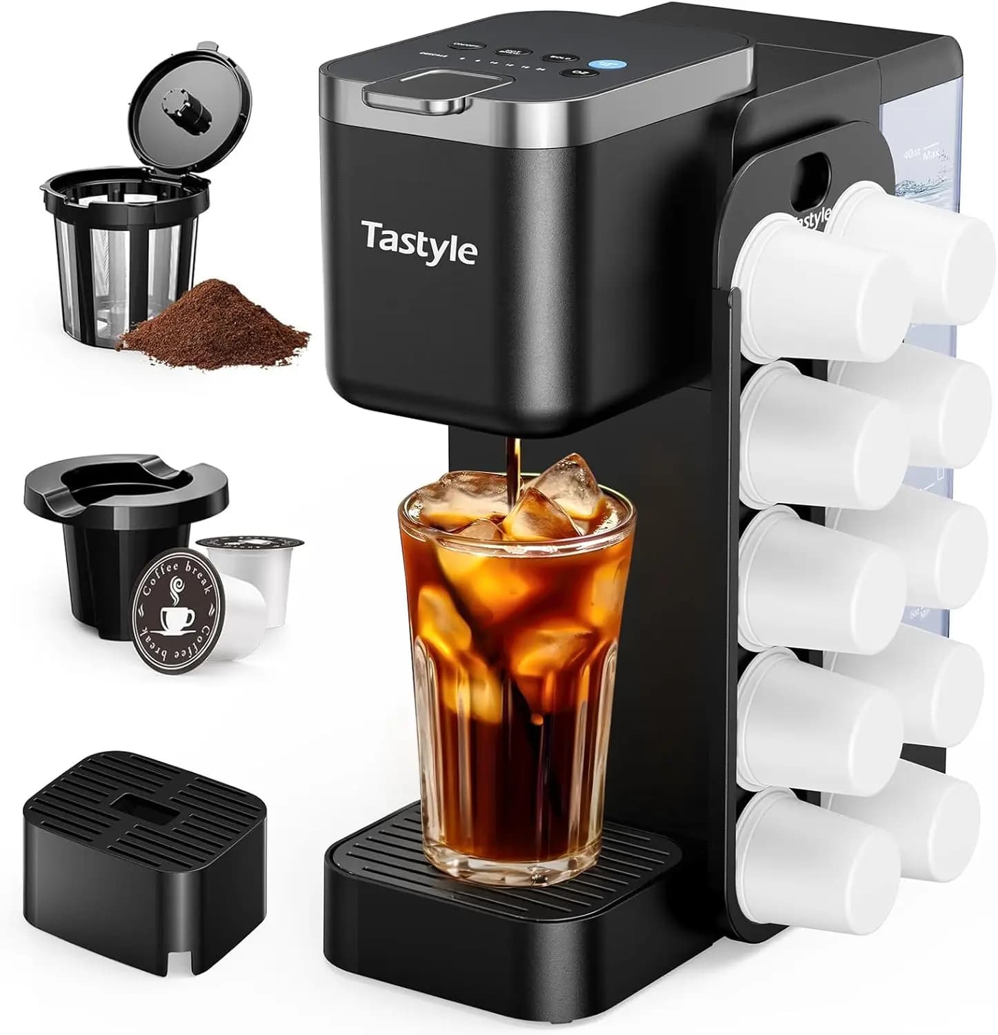 Compatta Coffee Machine with Magnetic Organizer for Capsules, 40oz Tank, Hot and Cold Preparation for K-Cup and Grinded Coffee, Black