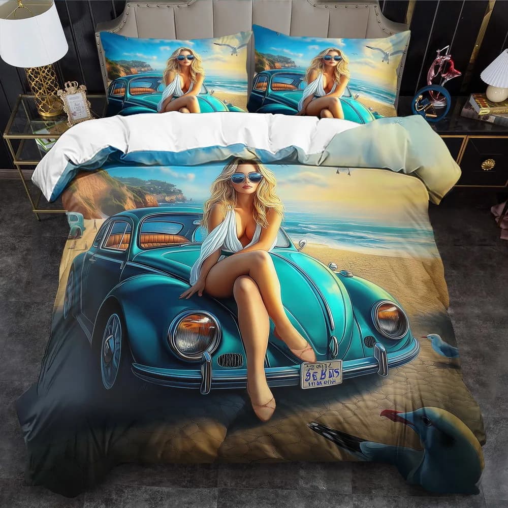 1 set copripiumino a tema cartoni animati di bellezza tropicale Beach - 2/3 pezzi, biancheria da letto in poliestere morbido e traspirante con chiusura a cerniera