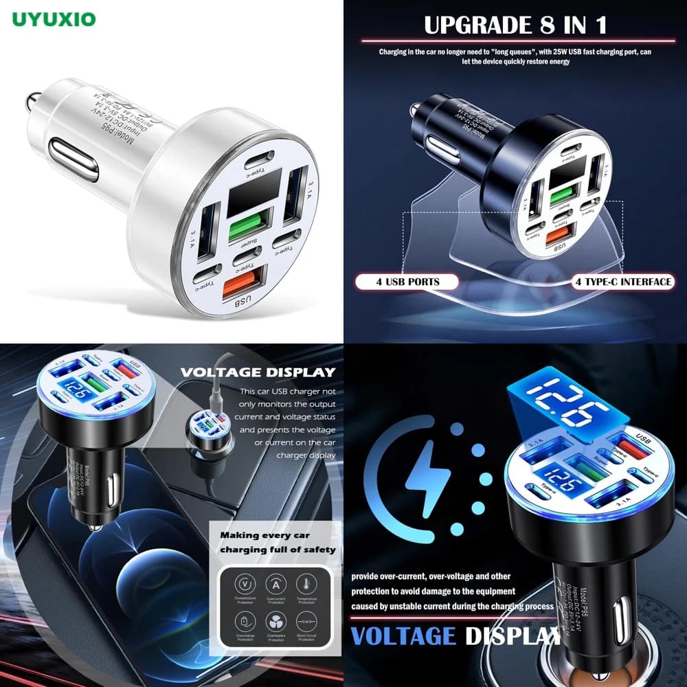 UYUXIO 4 PD 4 USB A USB C Caricabatterie da auto con display della tensione Adattatore di ricarica super veloce multiporta con voltmetro per iPhone