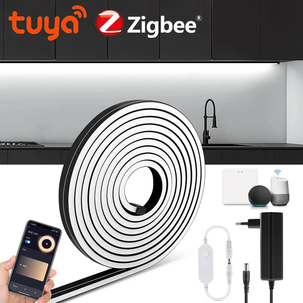 Luce al Neon in Tubo di Silicone Nero DC24V con Controller Zigbee3.0, Supporta App Tuya, Controllo Vocale Alexa e Google, Impermeabile, Decorazione per Interni