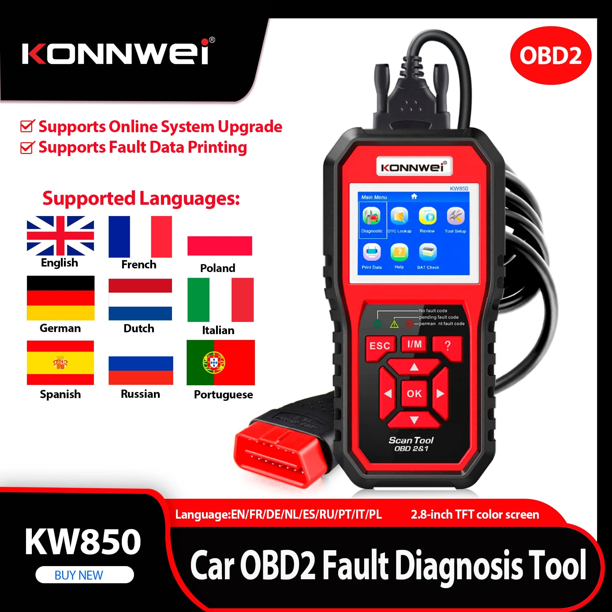 KONNWEI KW850 2026 - Strumento Diagnostico Auto OBD2, Scanner Motore, Controllo Dati in Tempo Reale, Lettore Codici Errore, Ricerca DTC