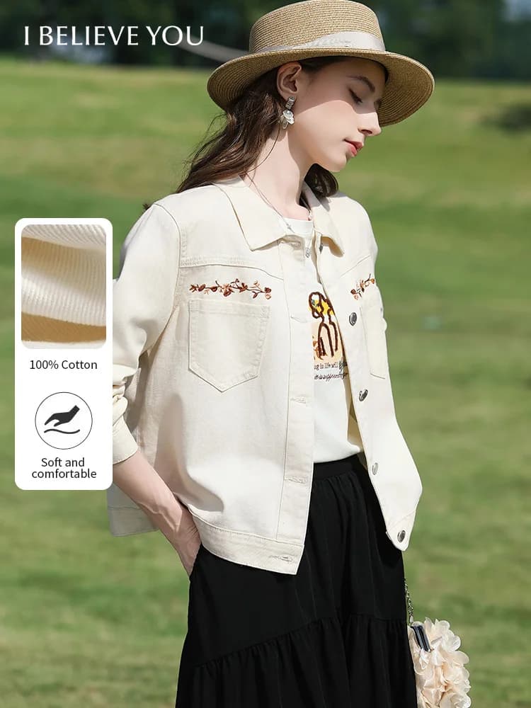 I BELIEVE YOU Giacca in Denim Beige 100% Cotone da Donna, Giacca Corta Primaverile con Ricami Floreali e Bottoni 2261186260