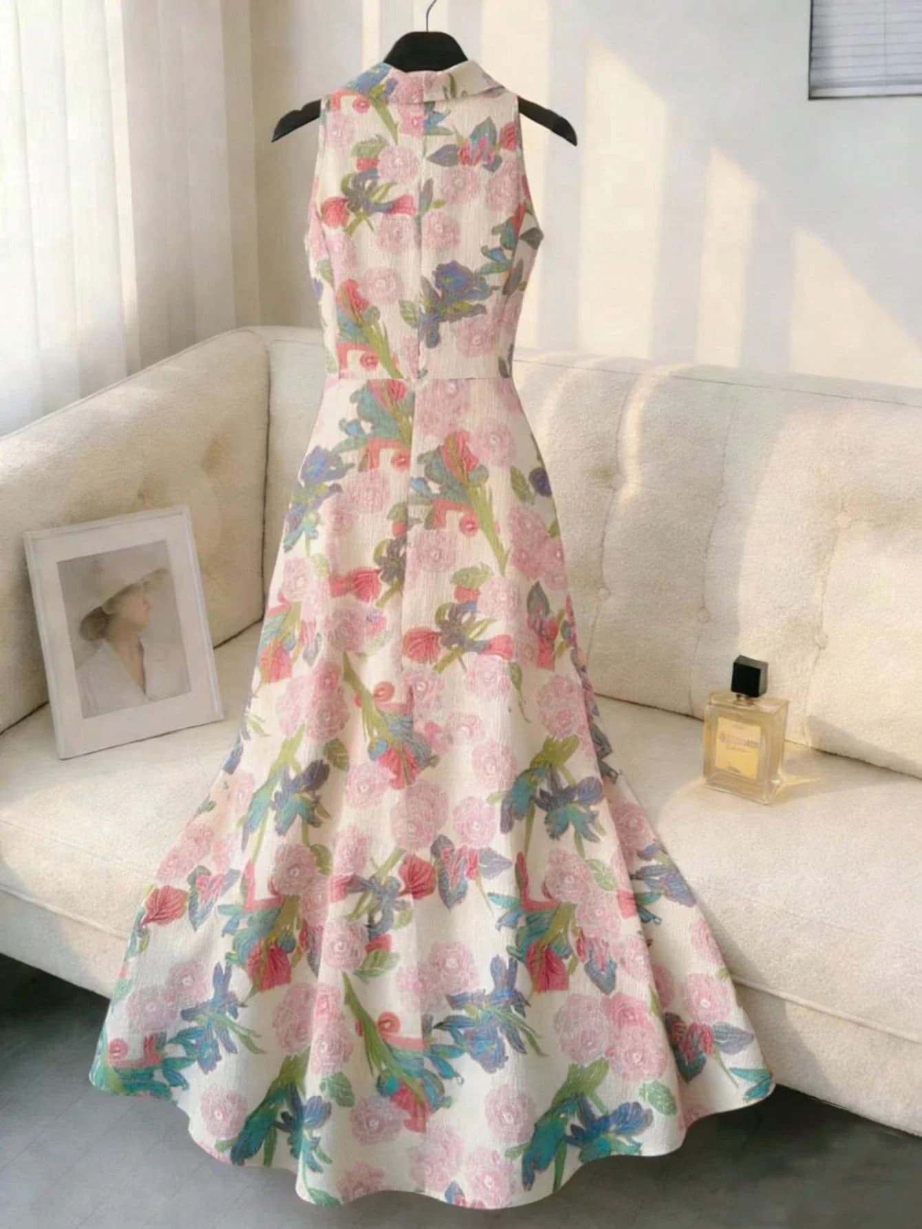 Abito Lungo Floreale Senza Maniche con Collo Alto, Vita Aderente, Gonna a Trapezio, Ricamo 3D a Rose, Stile Vintage Romantico Estivo Formale