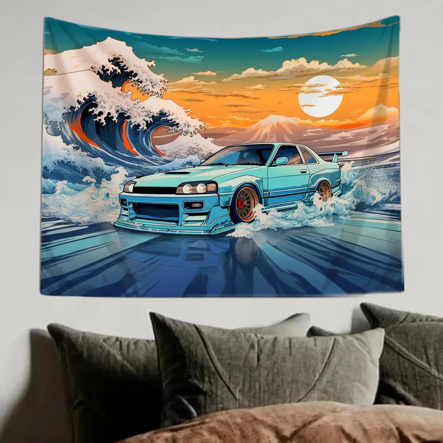 Retro JDM Sports Car Great Wave Japanese Anime Tapestry Wall Hanging Decor Pop Culture Art Poster Print for Room
