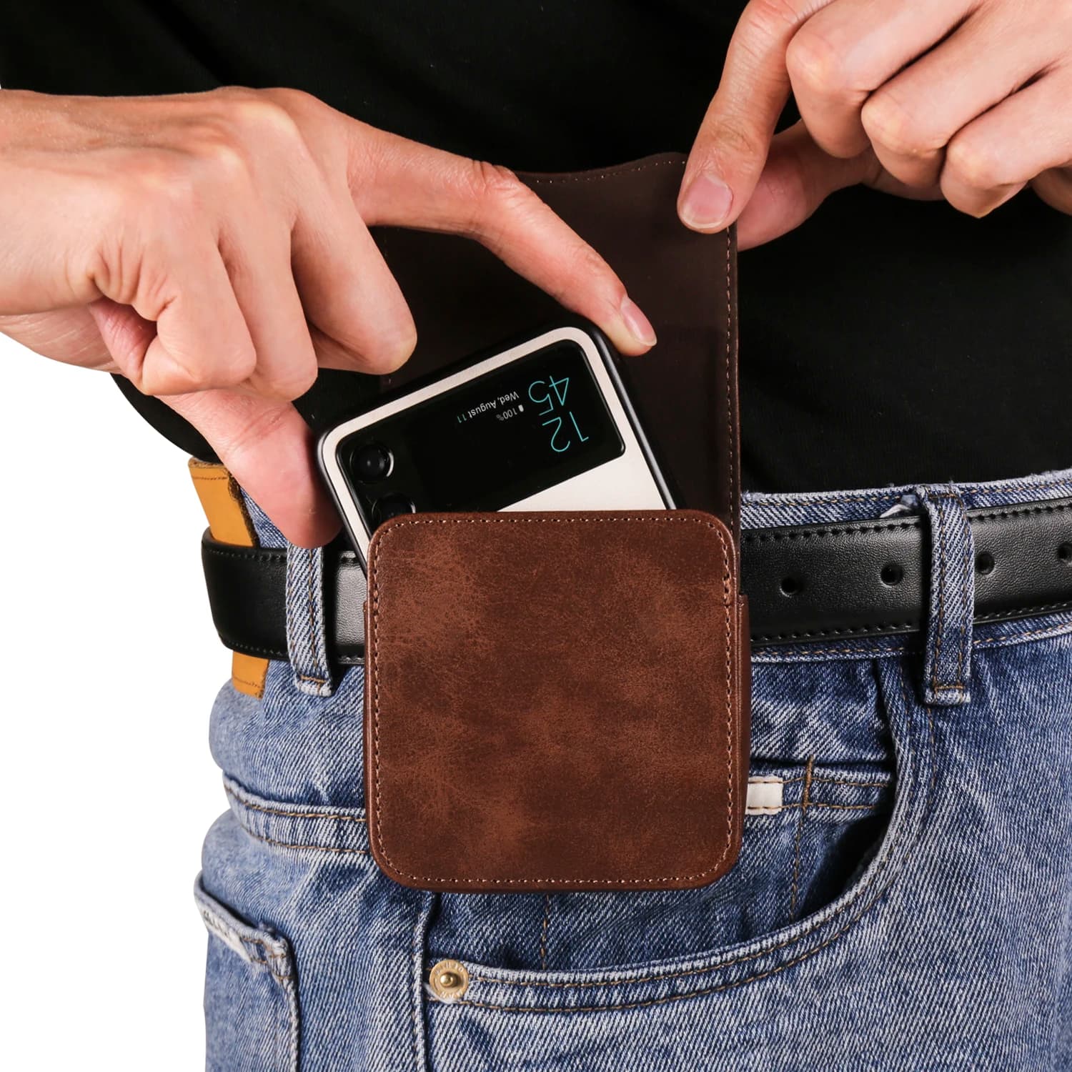 Holster Leather Pouch Belt Flip Case Cover Men Waist Bag For Samsung Z Flip 7 6 5 4 3 5G Flip7 Flip6,Find N3,Moto Razr 60 50 40