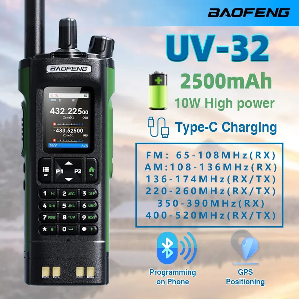 BAOFENG Walkie Talkie UV-32 10W GPS a lungo raggio Multi banda Bluetooth Programmazione Frequenza di copia wireless NOAA Ham Amateur radio