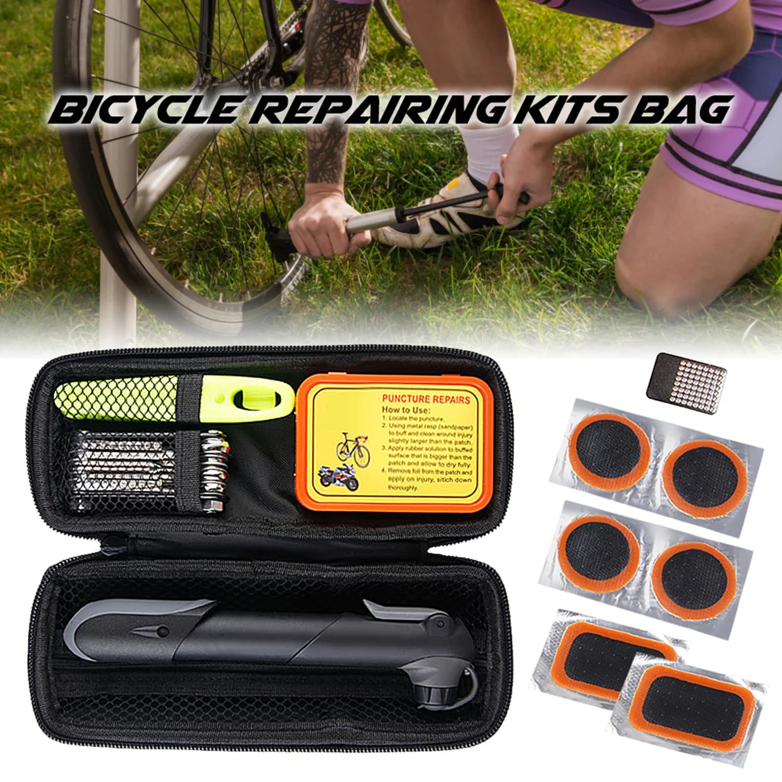 Kit di Riparazione Bici Portatile, Set di Attrezzi Multifunzione per Bicicletta con Pompa per Pneumatici, Toppe per Camera d'Aria, Leve e Borsa per MTB e Bici da Strada