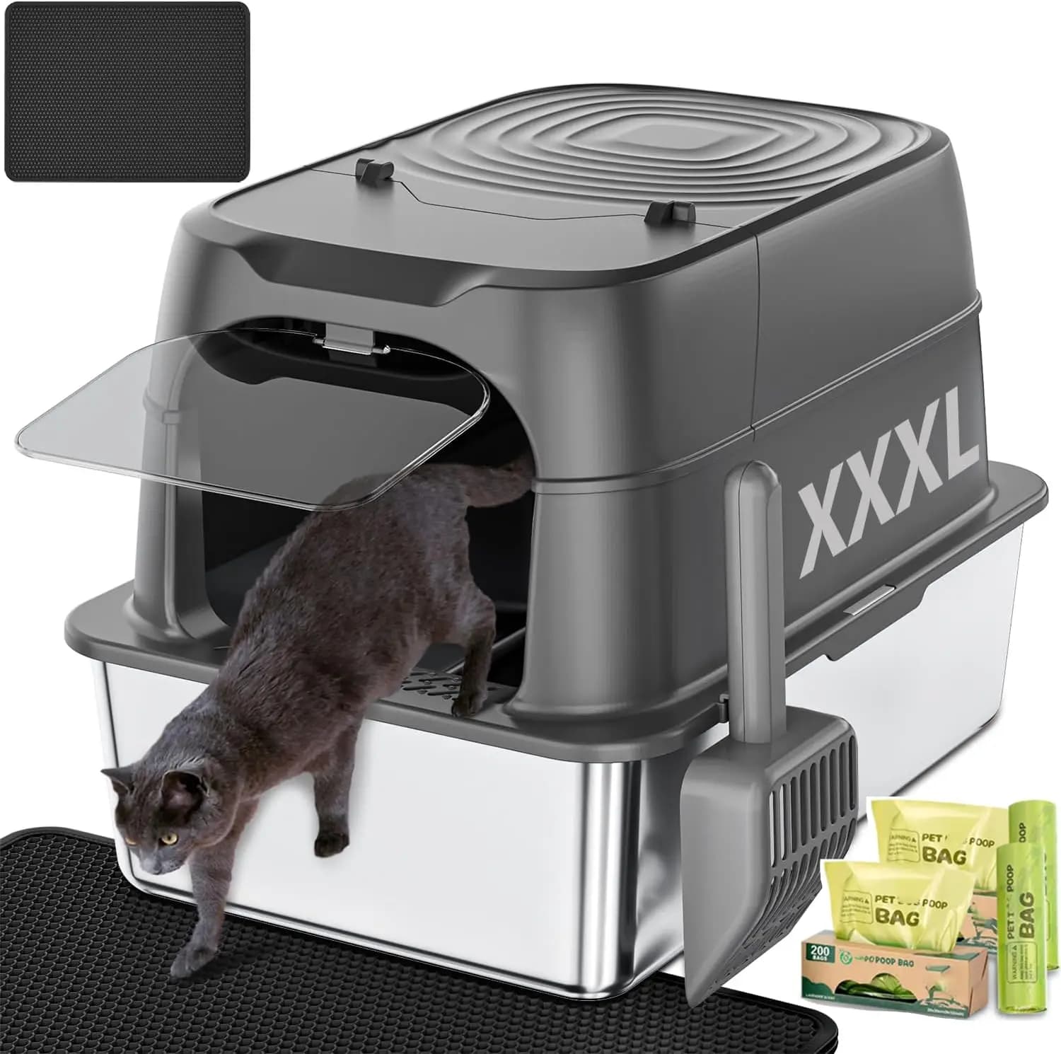 Lettiera per Gatti Extra Large in Acciaio Inossidabile con Coperchio, 66x46x43 cm, Include Sacchetti per Escrementi e Tappetino, Antiaderente, Impermeabile