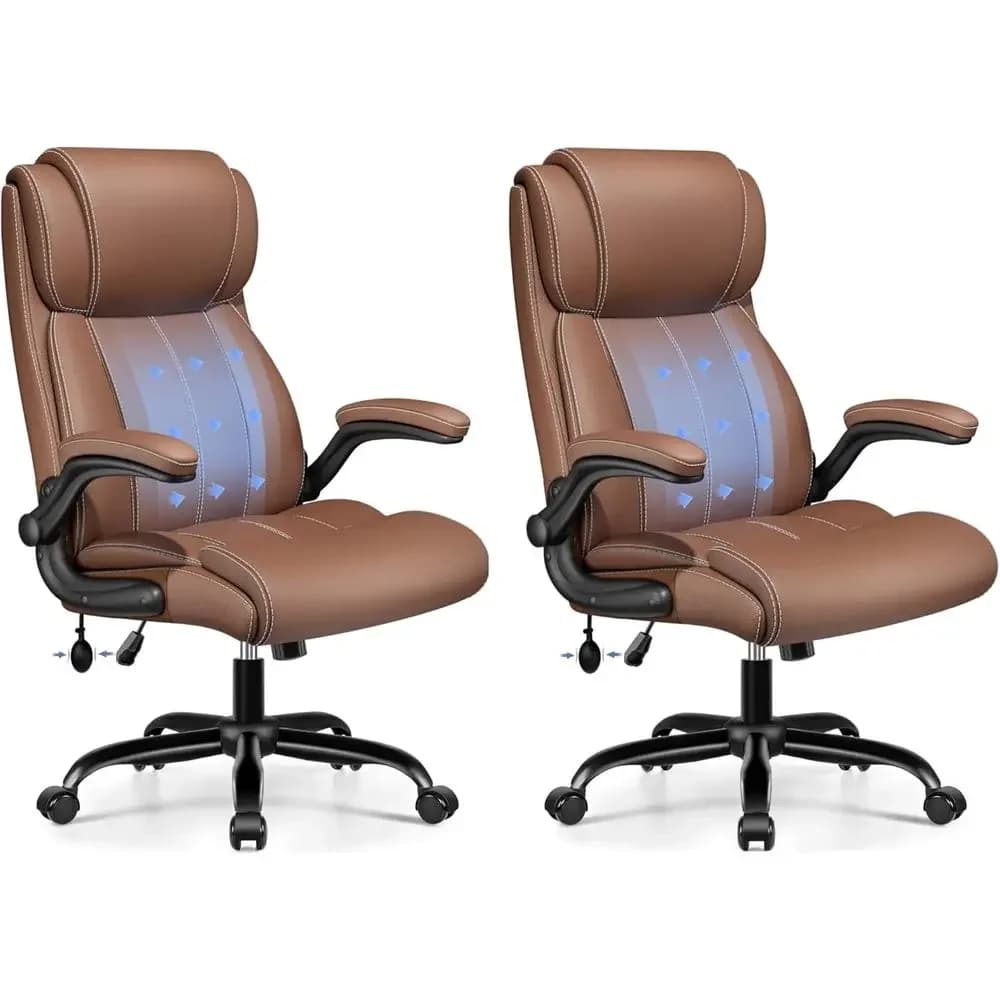 Sedia da ufficio ergonomica in pelle marrone con schienale alto, supporto lombare regolabile e braccioli ribaltabili, confezione da 2
