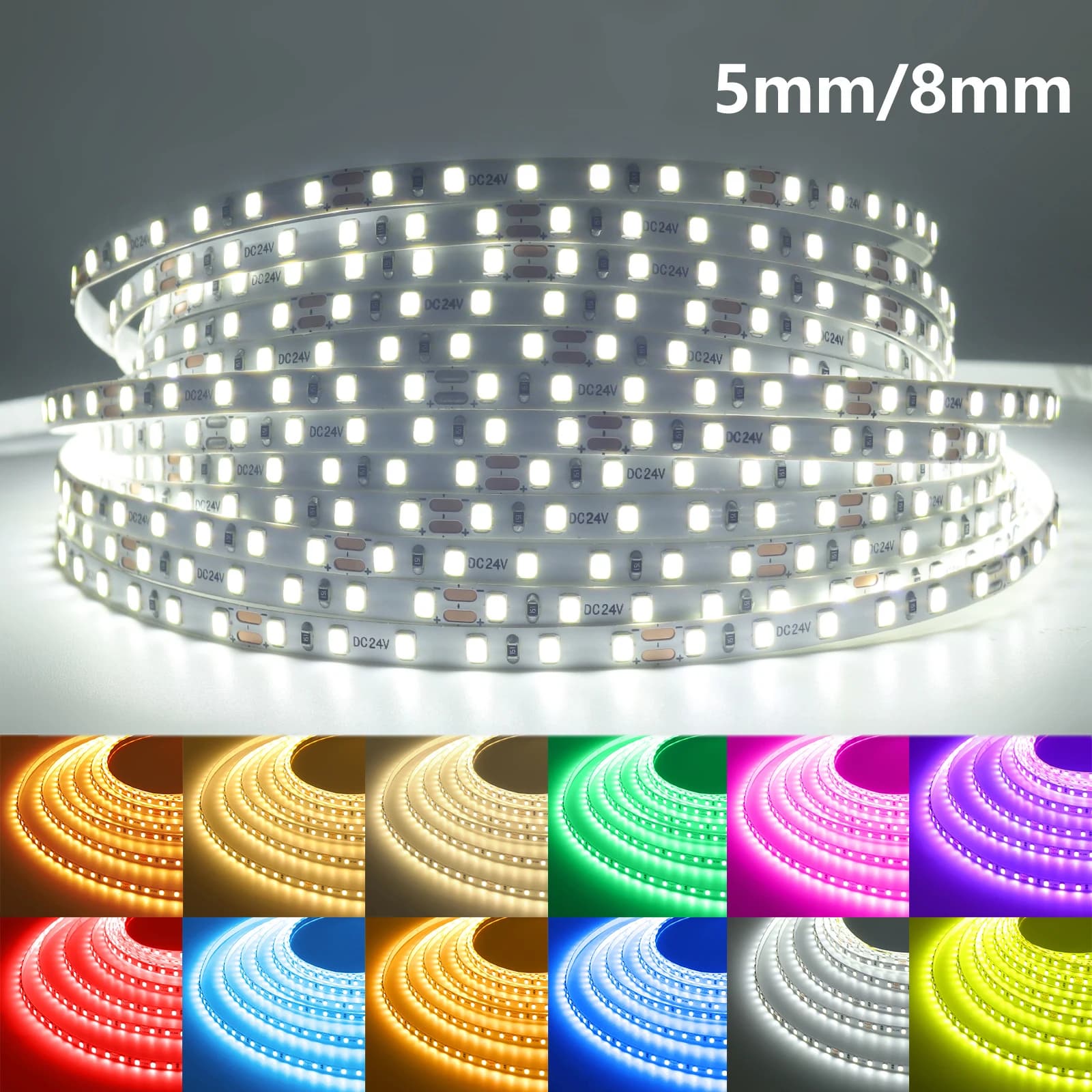 5mm 8mm LED Strip 12V 24V 2835 120LEDs/m Home Lamp Strips Warm White Yellow Red Green Ice Blue Pink Purple Flexible Tape 5m 10m