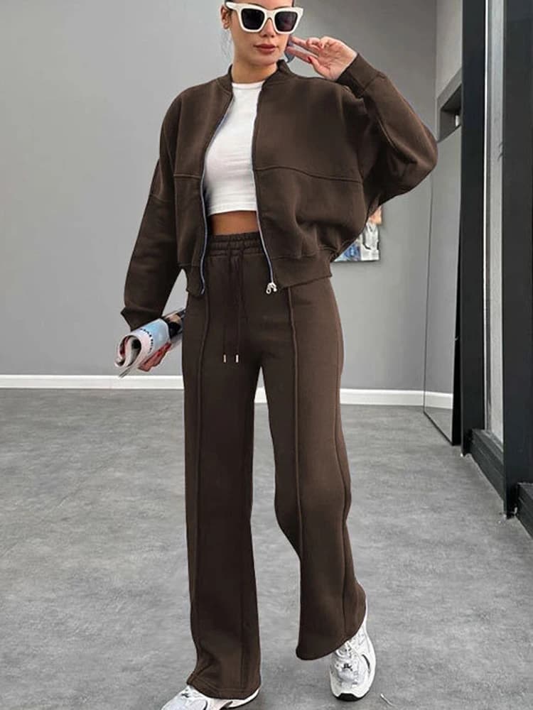 FSMG Pantaloni in felpa casual Set Cerniera solida Giacche Vita alta ampia Pantaloni in vita elastica con lacci Abiti Abbigliamento sportivo 2 pezzi