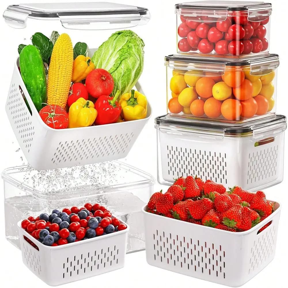 Contenitori in plastica bianca per alimenti con coperchi per frigorifero, contenitori multifunzionali ermetici per la conservazione della freschezza, con drenaggio