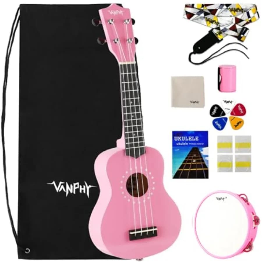 Set Ukulele Soprano Rosa e Tamburello con Corpo in Legno di Tiglio, Kit per Principianti e Adulti, Strumento Hawaiano con Custodia