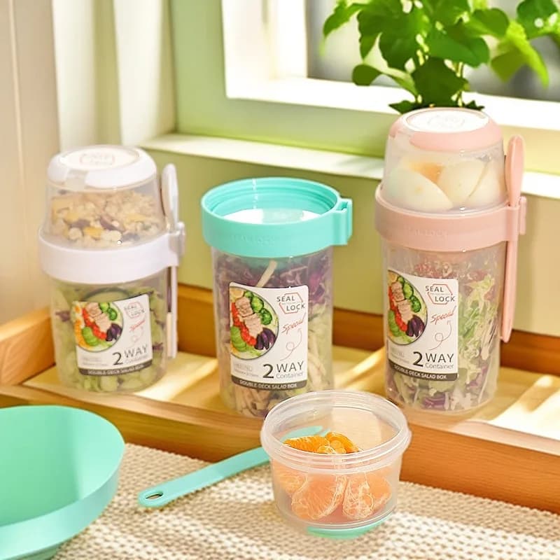 1 Pezzo Contenitore Portatile per Insalata con Coperchio e Forchetta, Tazza per Colazione, Contenitore in Plastica per Yogurt, Avena, Condimenti, per Picnic, Latte, Pranzo