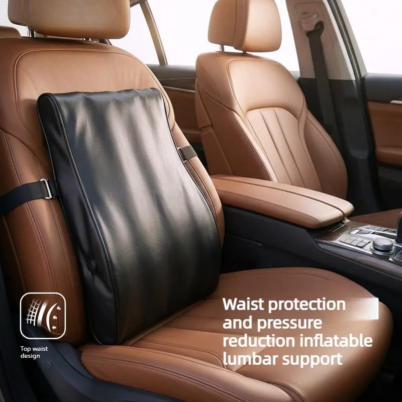 Portable Inflatable Leather Lumbar Pillow Universal Car Seat Waist Support Cushion Reduce Back Waist Pain Long Drive Essential