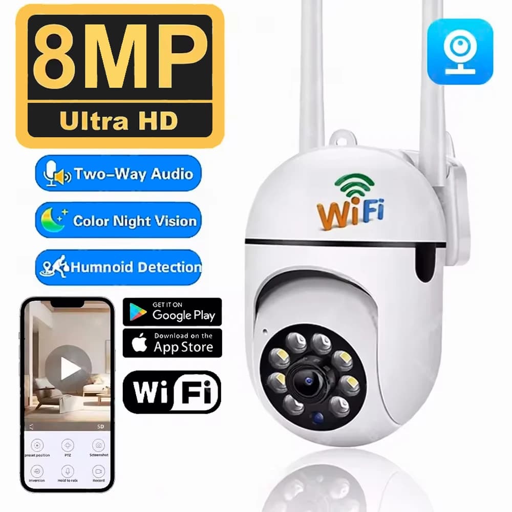 8 MP PTZ wireless IP external security camera with 4X zoom AI Human Monitoring Two-way Audio Night Vision Color HD