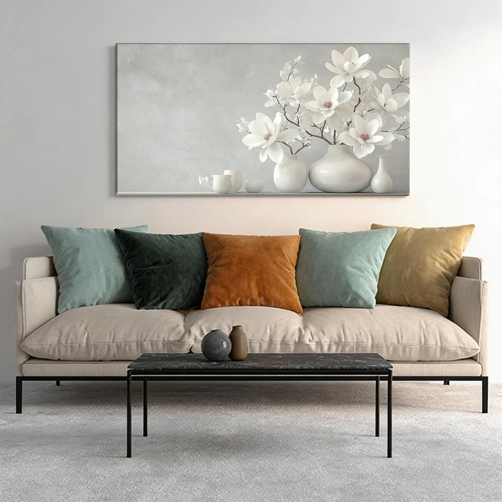 Painted on canvas with large wooden frame, 1 piece, Vase with white magnolia flowers.