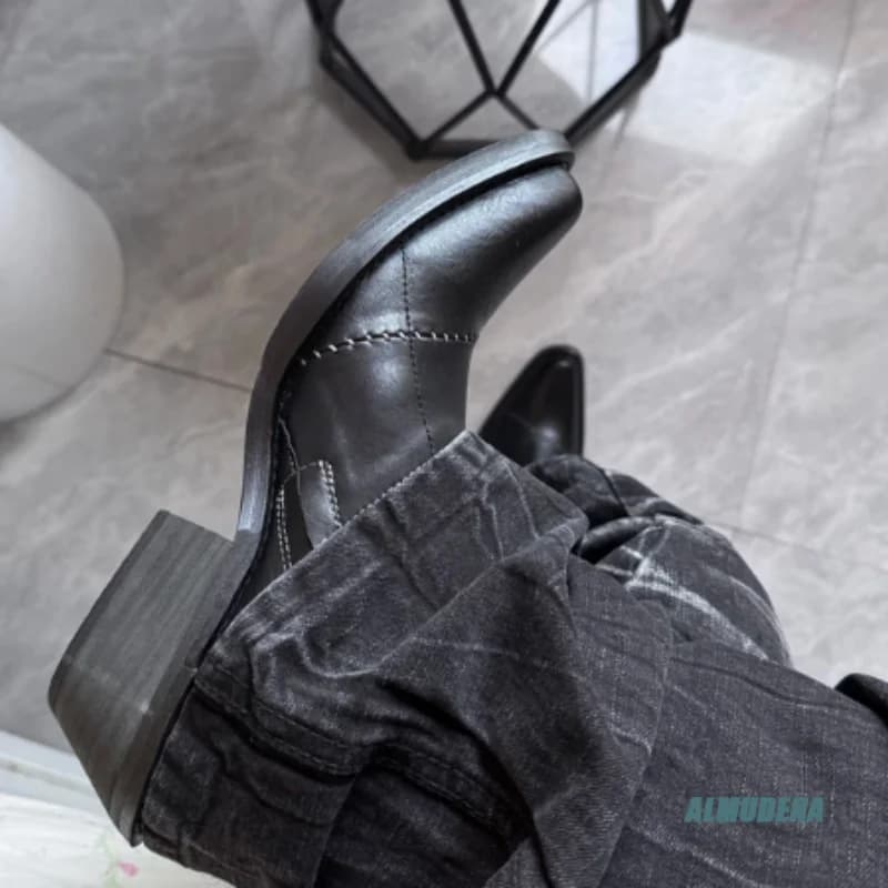 Stivaletti in Pelle Nera Stile Street da Uomo con Punta Quadrata, Tacco Cubano, Cerniera Posteriore, Scarpe Casual per Uso Quotidiano
