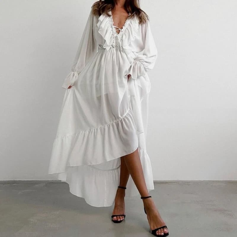 Nuovo Abito in Chiffon 2026 con Scollo a V e Maniche a Campana, Design Asimmetrico, Bianco, Casual, Lungo, Gonna a Trapezio