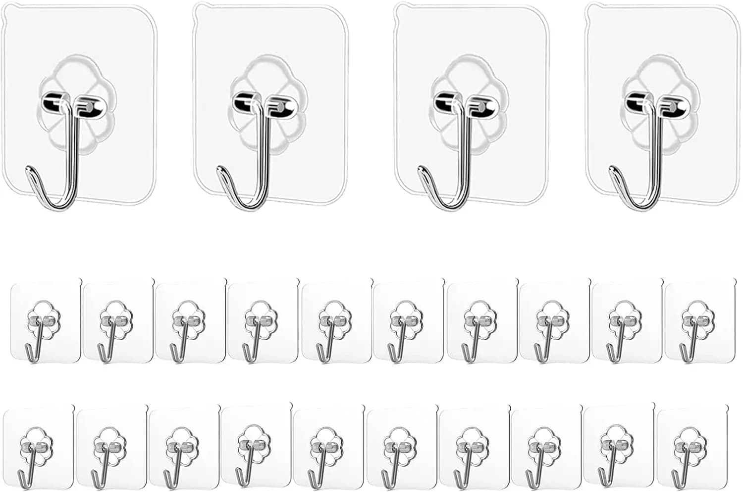 Adhesive Hooks Kitchen Wall Hooks - 24 Packs Heavy Duty 24lb(Max) Nail Free Transparent,Waterproof,Sticky Stainless Hangers for