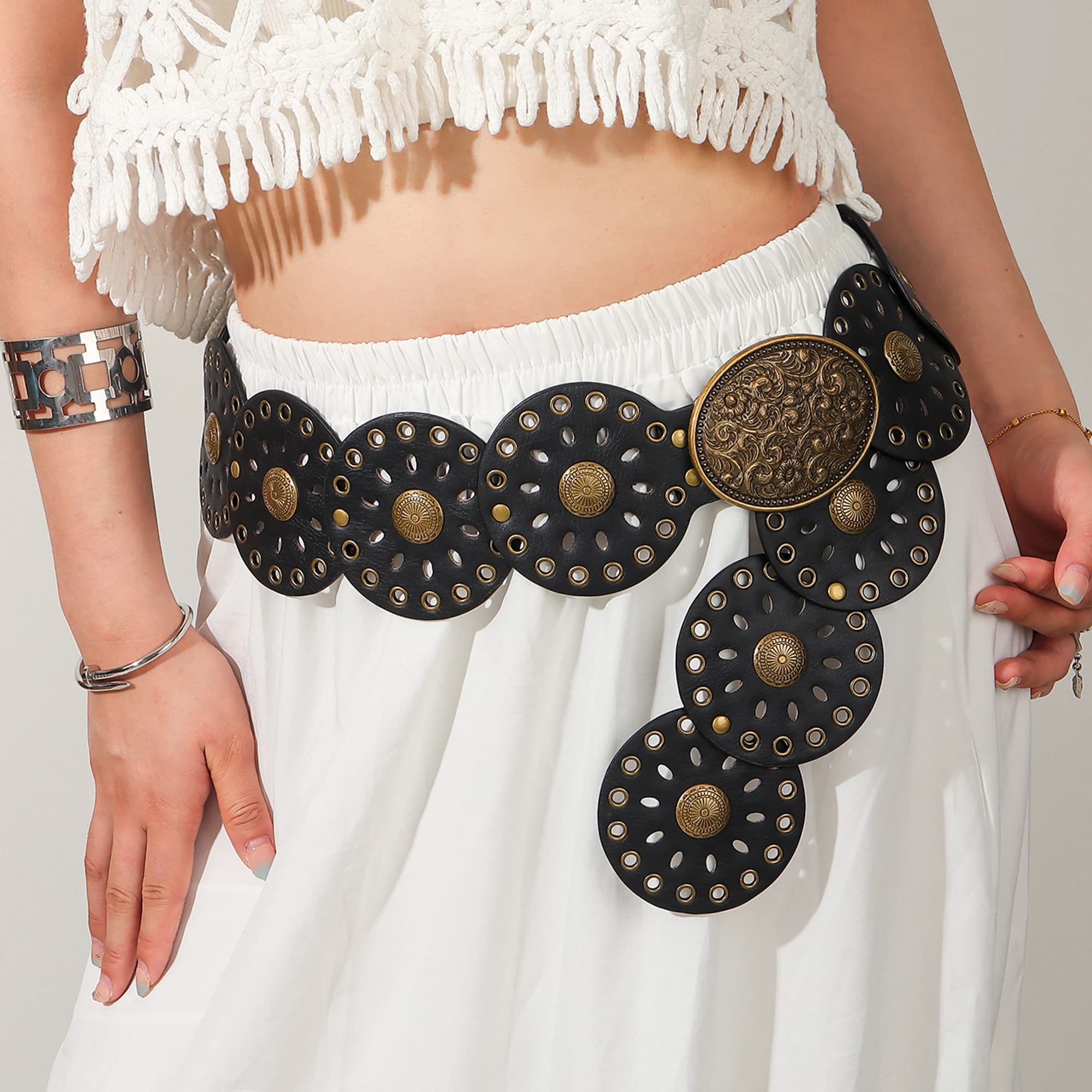 Nuova cintura in stile etnico con rivetti rotondi per donna vintage con gonna pantaloni copertura in vita Cintura patchwork stile Boho
