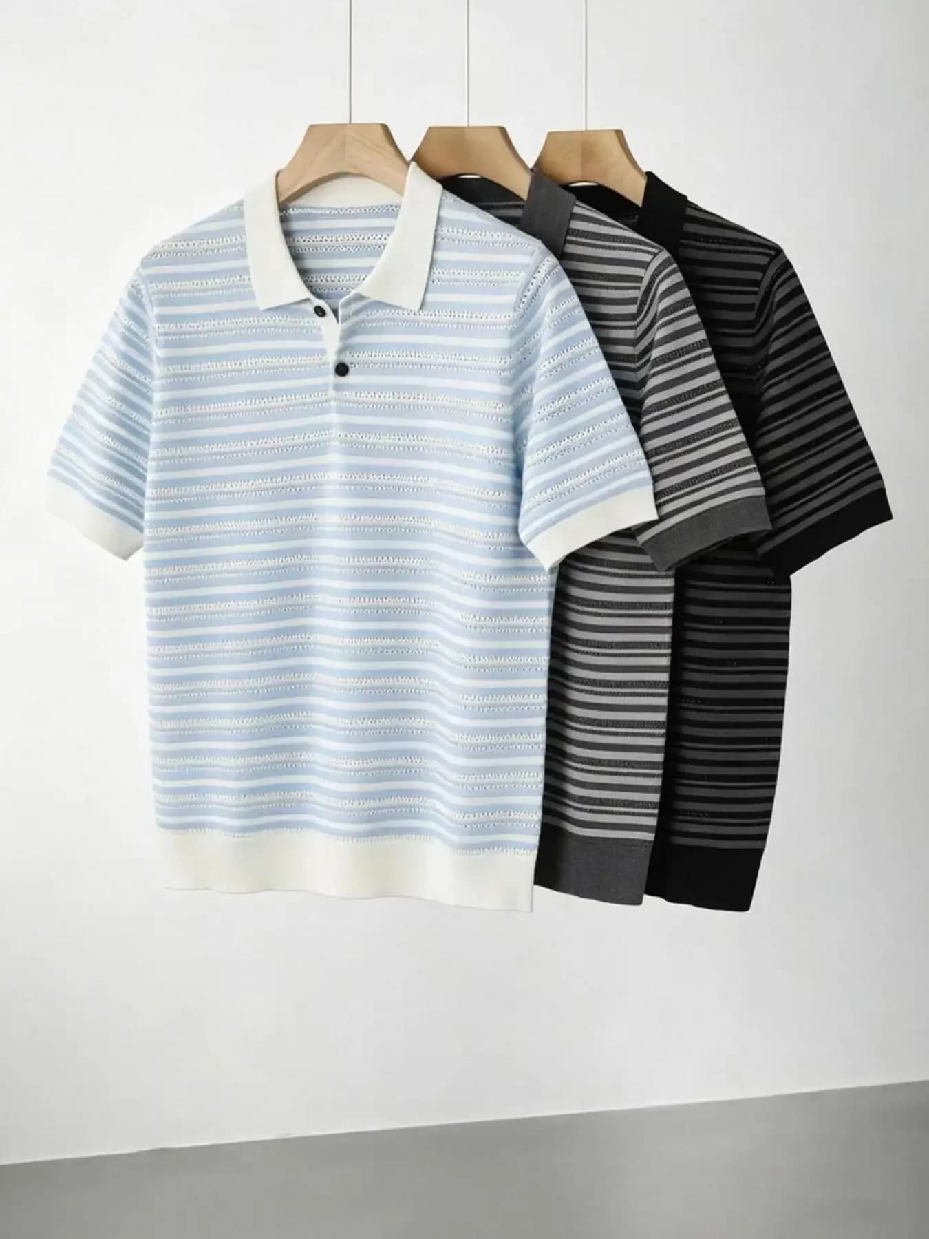 New Summer Striped Openwork Men's Knit Polo Shirt Casual Lapel Short-Sleeve T-Shirt Fashion British Style Outdoor-Homewear Tops