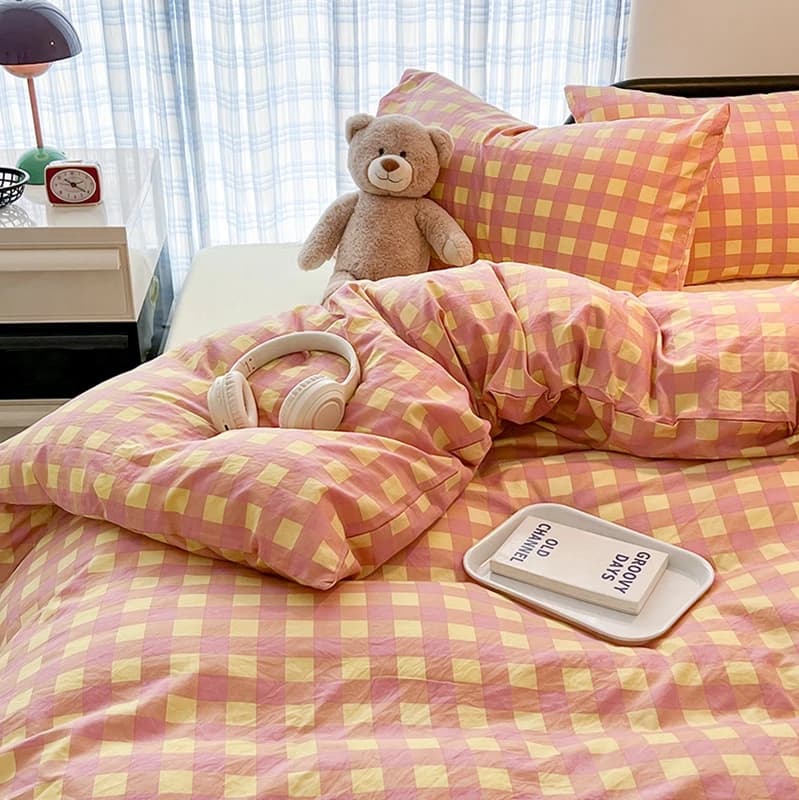100% Cotton Soft Bedding Set Plaid Pattern Duvet Cover with Pillow Case Flatsheet Bedclothes Bedspread Pillowcases Comforter Set