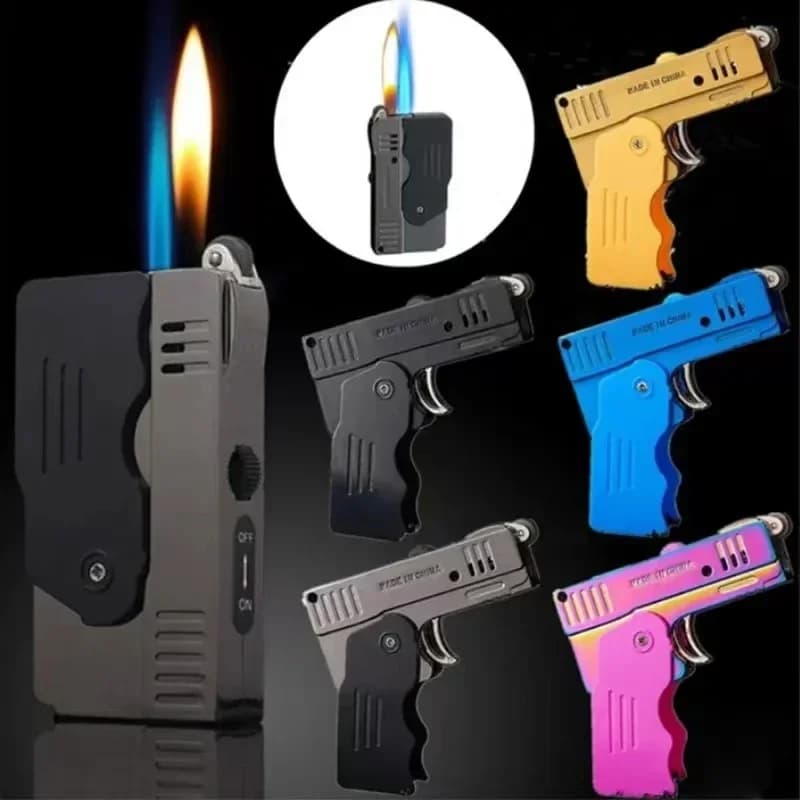 New Creative Folding Deformable Butane Gas Lighter Double Fire Switch Pistol Shape Lighter Nightlight Funny Men's Gadgets