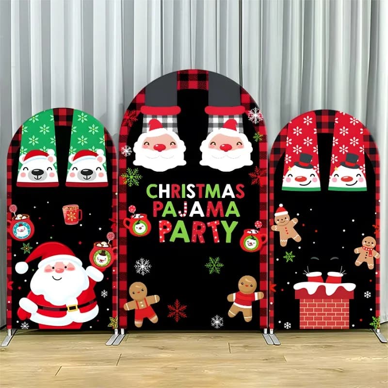 Arch Backdrop Cover Single Side Christmas Pajama Festive Black Red Plaid Santa Party Decoration Photo Booth Background Event