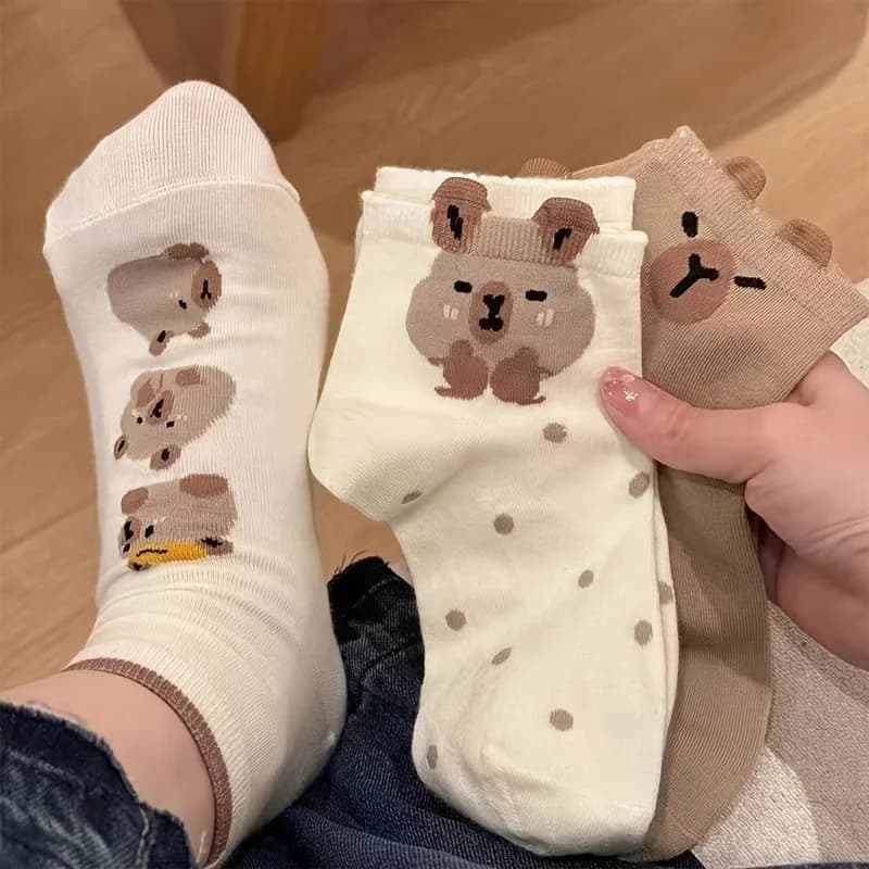5 Paia di Calzini Corti da Donna con Disegni di Capibara, Calzini Quotidiani Adorabili, Trendy Primavera/Estate, Calzini Sportivi Traspiranti