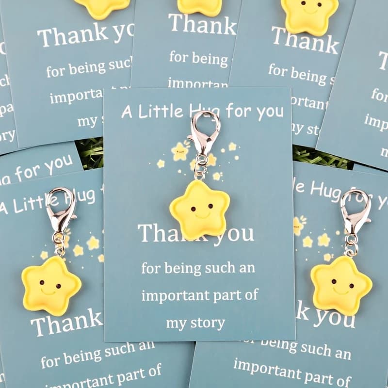 Set of 1/5/10 cute resin-shaped keyring with thank-you note - Necklace with yellow star and blue accents, for birthday, Christmas, Valentine's Day