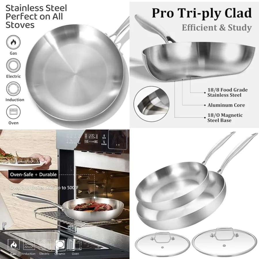 Set di padelle in acciaio inox a triplo strato, set di pentole, adatte per lavastoviglie e forno, con manico rimovibile