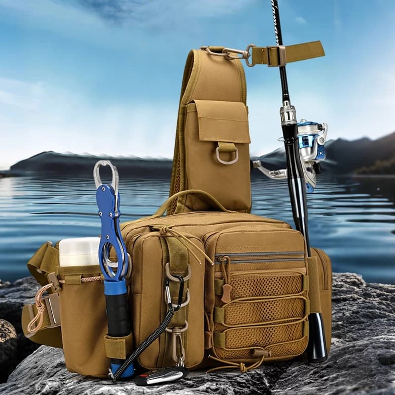 Backpack Tattico di Pesca con Portacanne, Borsa da Caccia, Arrampicata e Camping, Borsa di Tracolla Molle per Esche e Equipment, Marsupio
