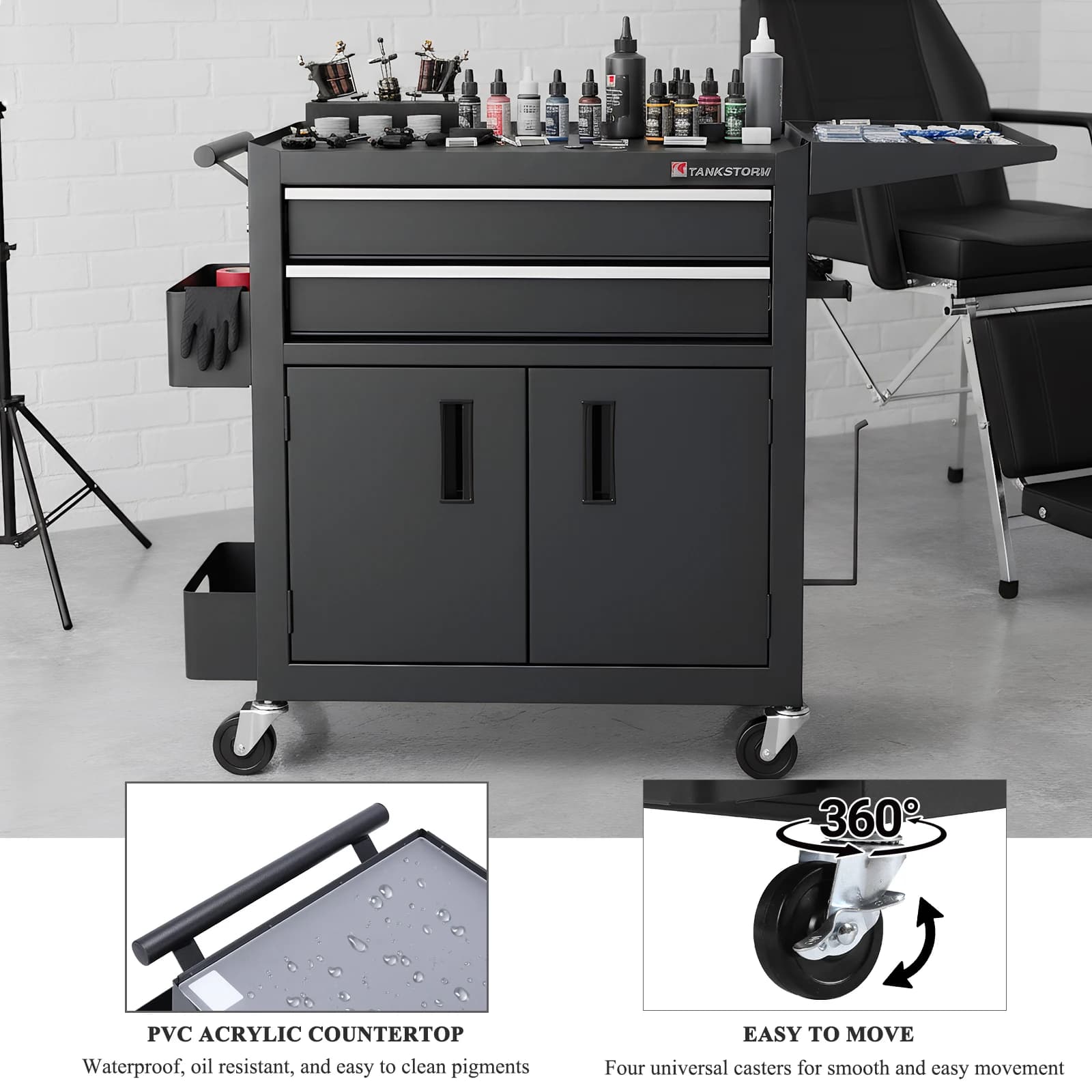 Toolbox with sliding drawers, Toolbox with lockable wheels, Universal Metal Container for Garage and Workshop