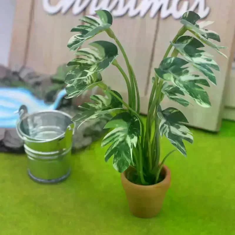 Model of Green Plants Monstera in Vase for Doll House 1/12, Decoration for Micro Landscapes and Bonsai