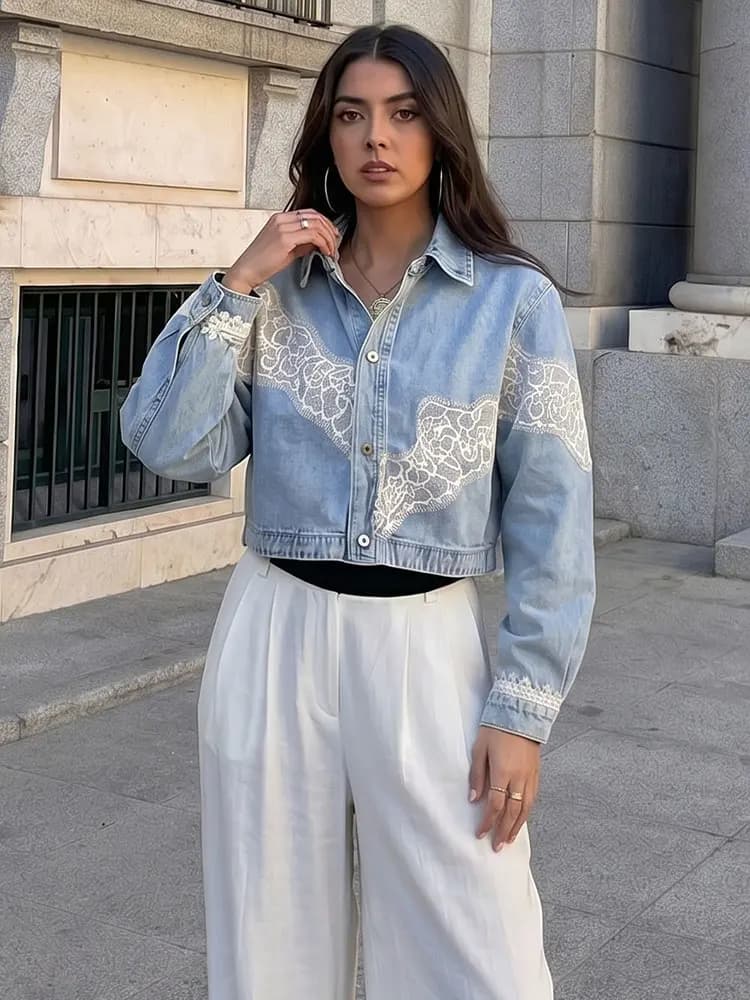 Women Elegant Floral Lace Splicing Denim Jackets Button Batwing Sleeve Cropped Coat Loose Casual Woman Chic Oversized Outwear