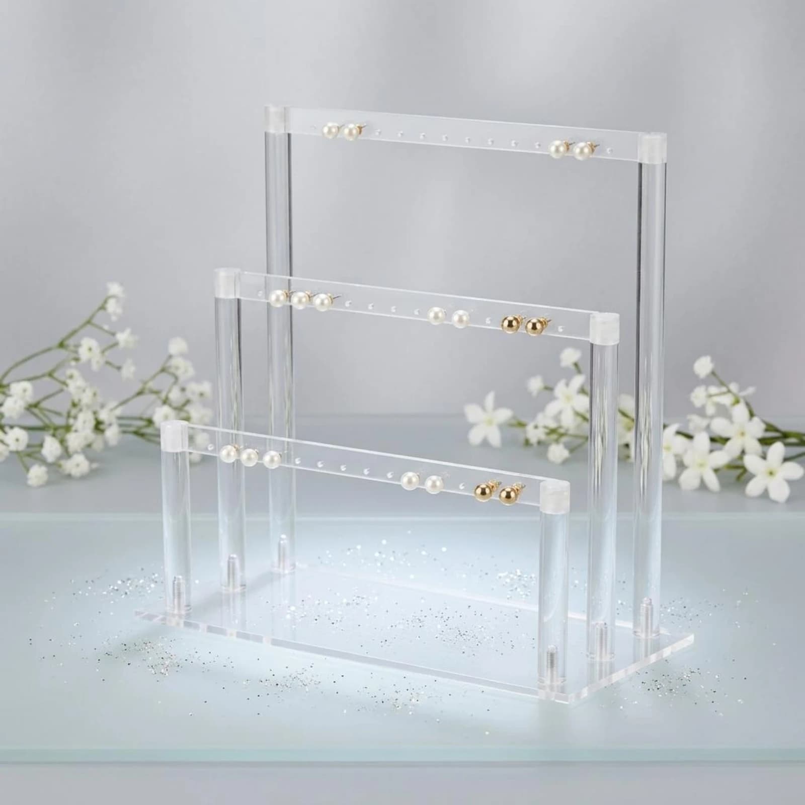 Three Tier Jewelry Display Rack Clear Acrylic Earring Holder Stand Easy to See Space Saving Fixture for Shop Countertop