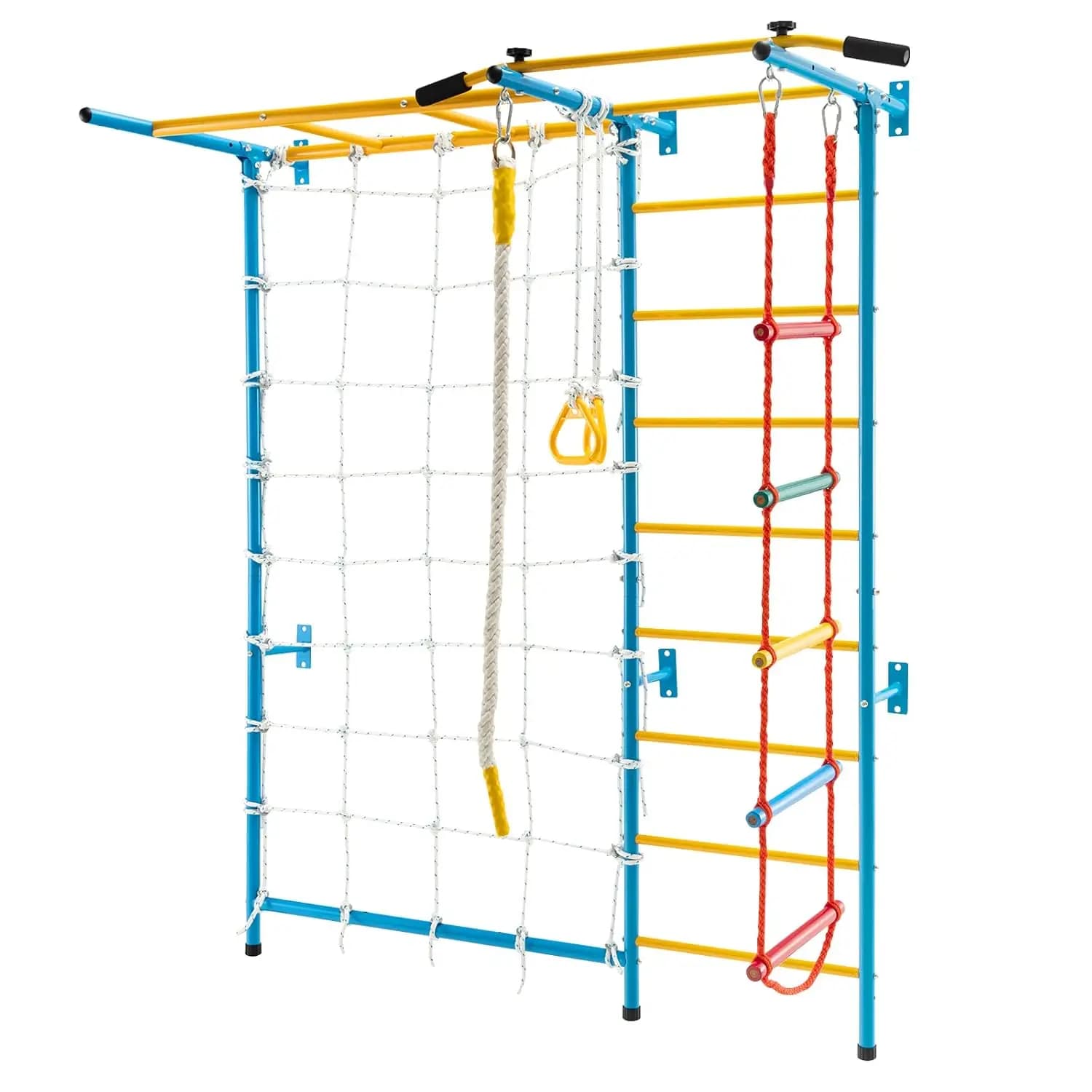 7-in-1 Kids Climbing Set with Steel Scale, Traction Bar, Ginnic Rings and Racing for Exercises and Games, Customizable