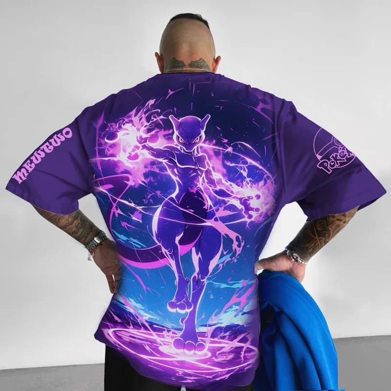 Nuova T-Shirt Classica Anime Pokemon Mewtwo Psychic Energy con Stampa, Unisex Oversize a Maniche Corte, Streetwear per Uomini e Donne